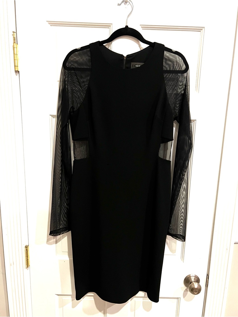 Vera Wang Black Midi Dress with Sheer Mesh Sleeves Size 10